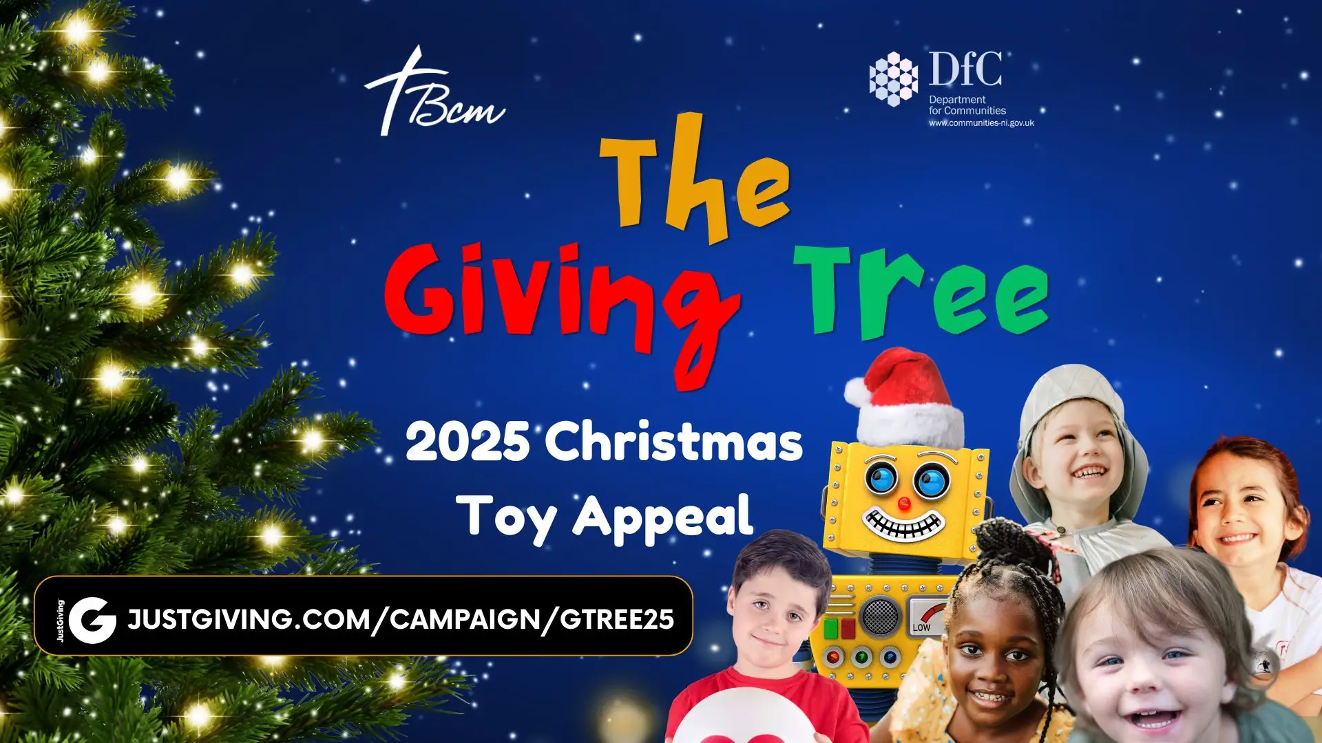 Toy appeal graphic title saying the Giving tree with BCM and DfC logos